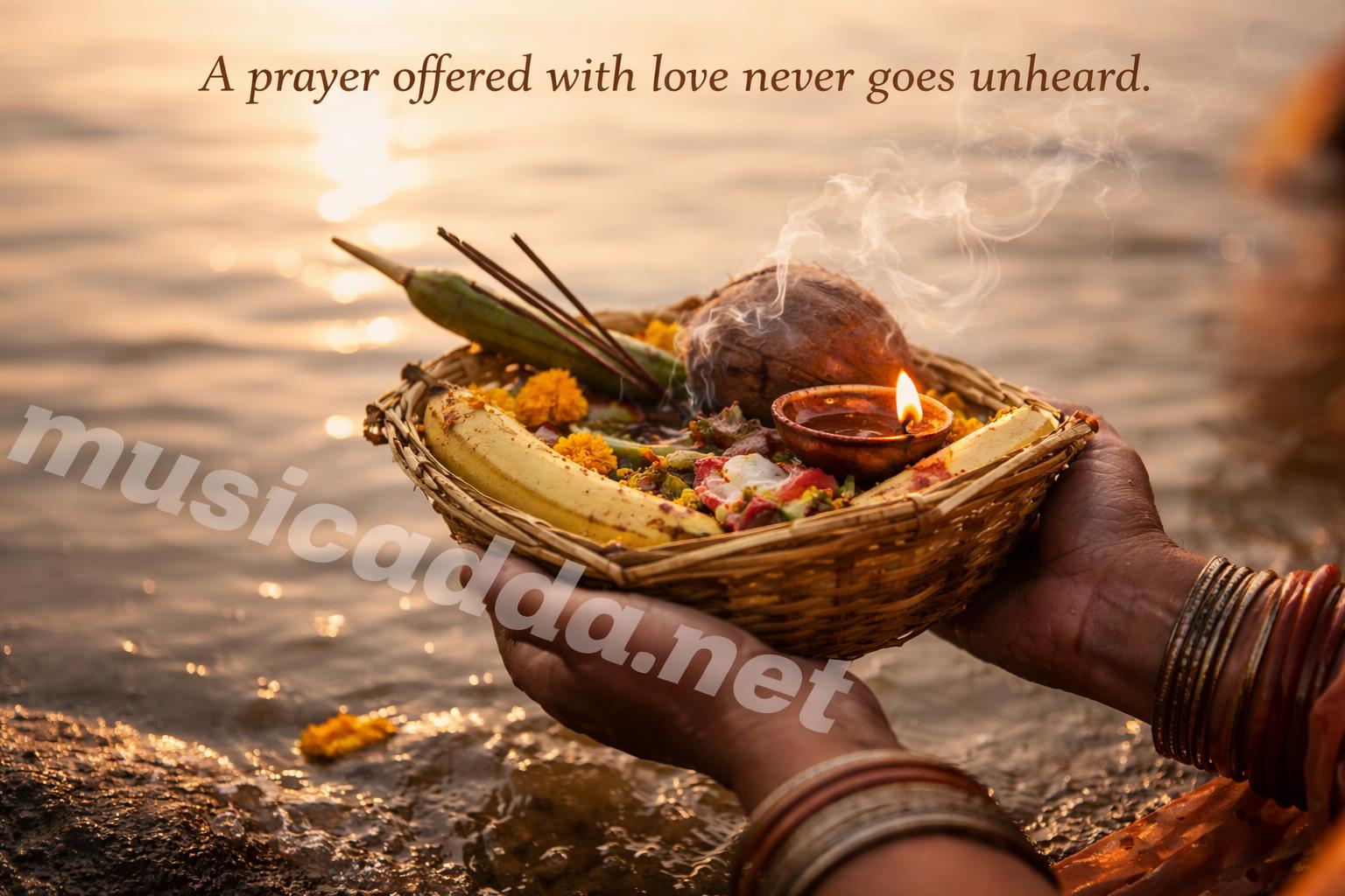 Devotional chhath puja arghya by the river