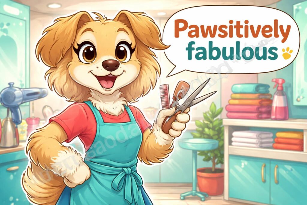Dog grooming puns salon hero cartoon