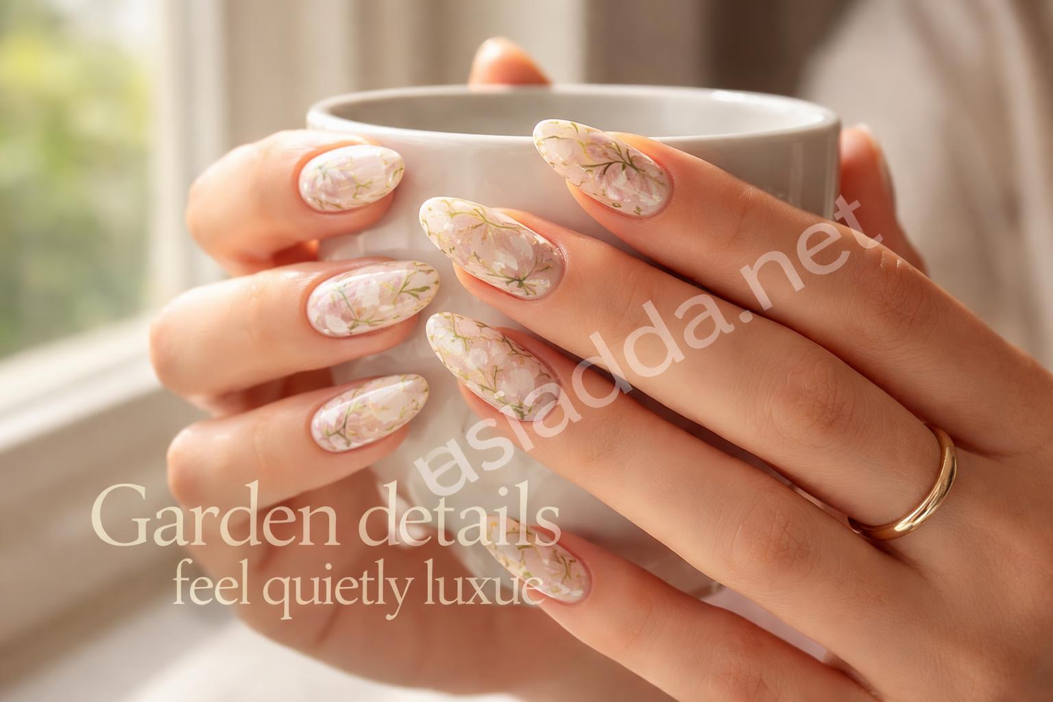 Elegant botanical nail art almond shape
