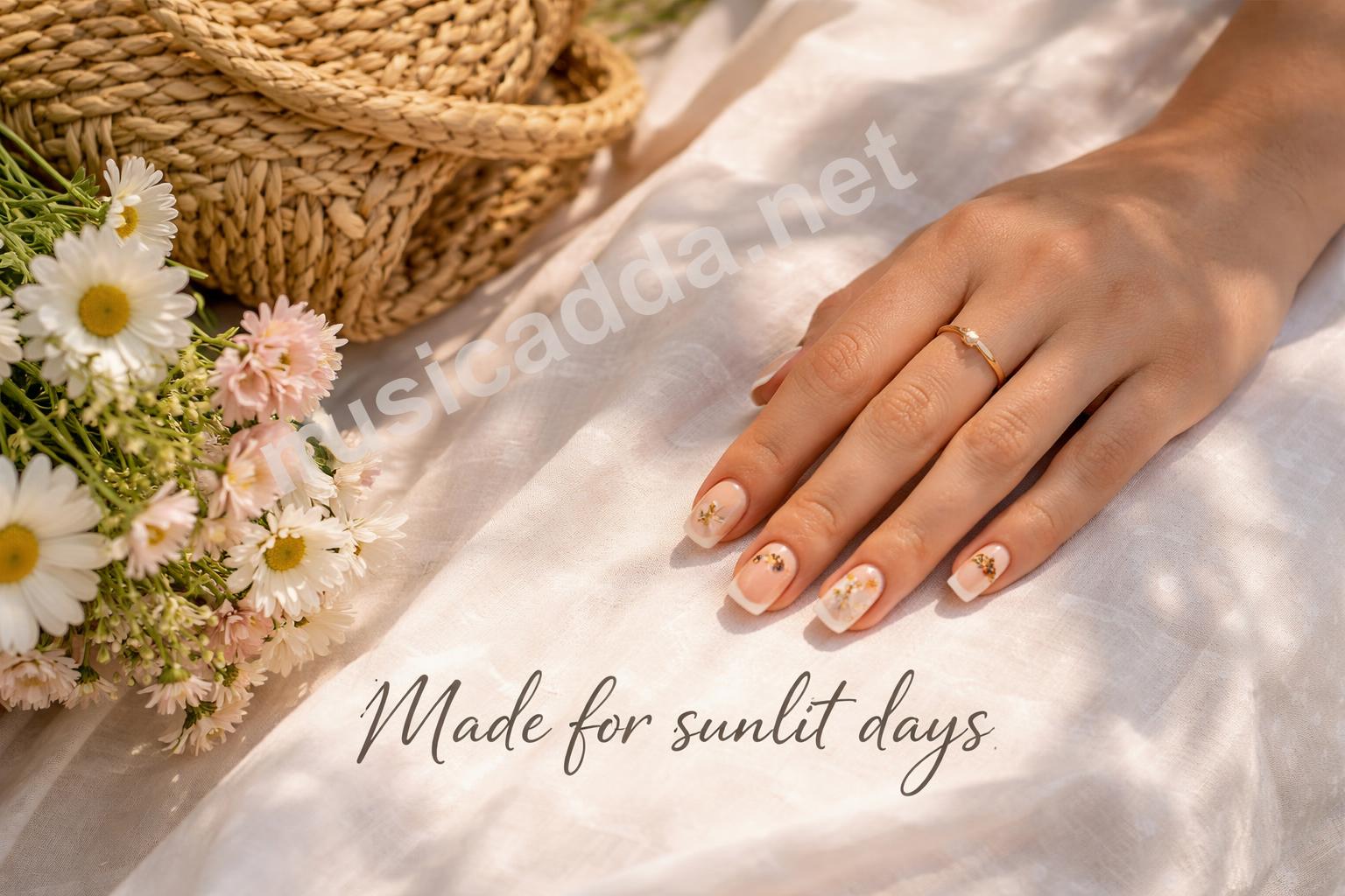 Elegant summer gold french tip floral manicure