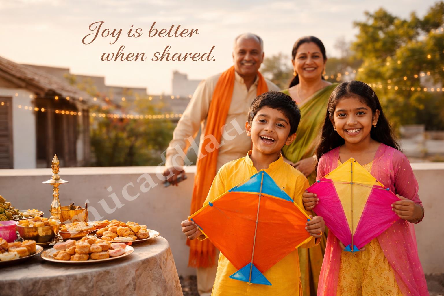 Family celebrating makar sankranti with kites