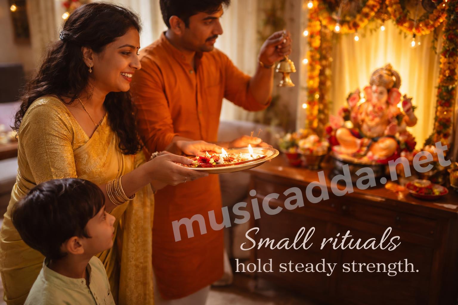 Family performing ganesh aarti at home