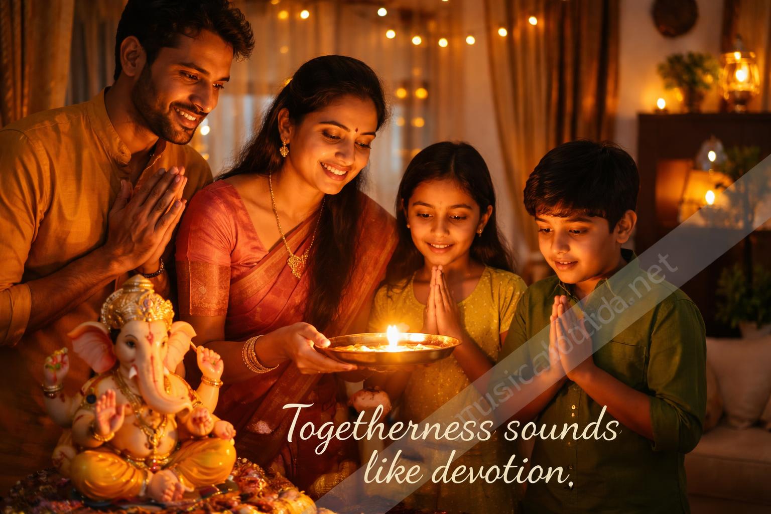 Family performing ganpati aarti at home evening