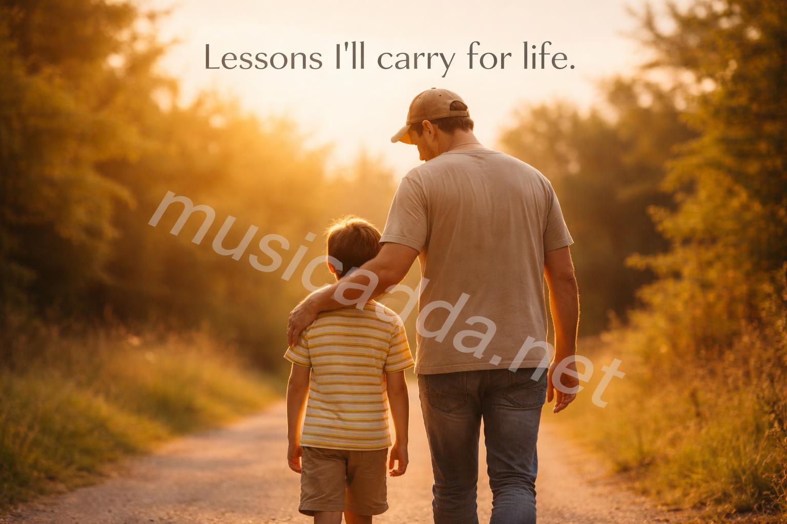 Father and child walking outdoors golden hour