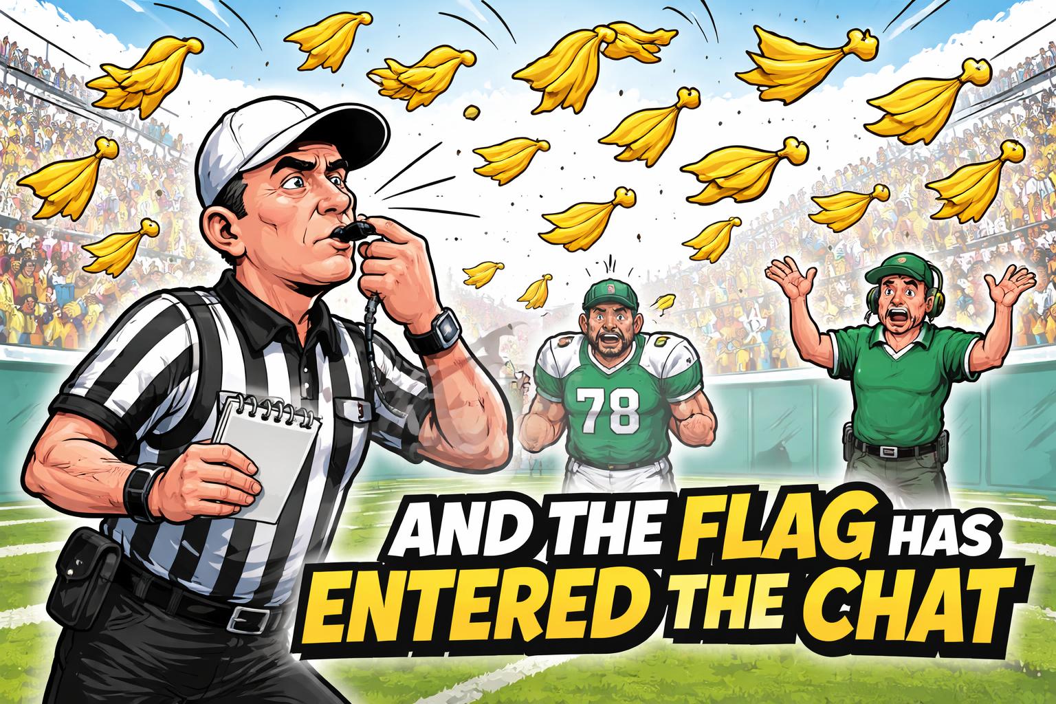 Football penalty flags and referee whistle