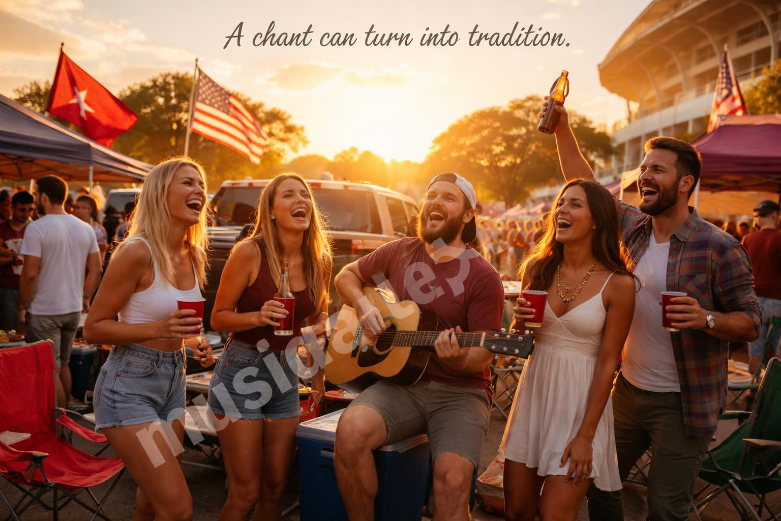 Football tailgate chants and country song energy
