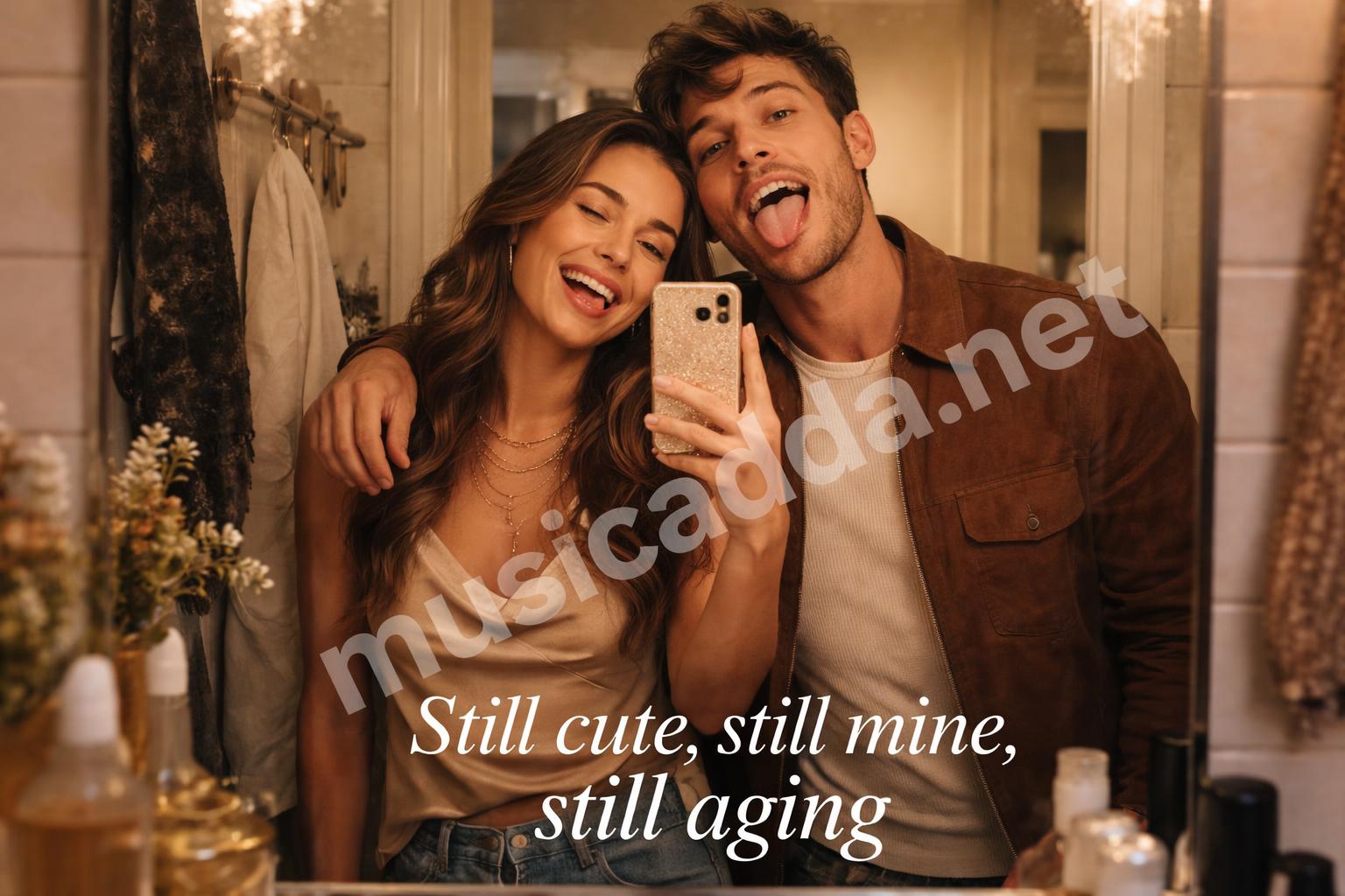 Funny birthday couple mirror selfie caption