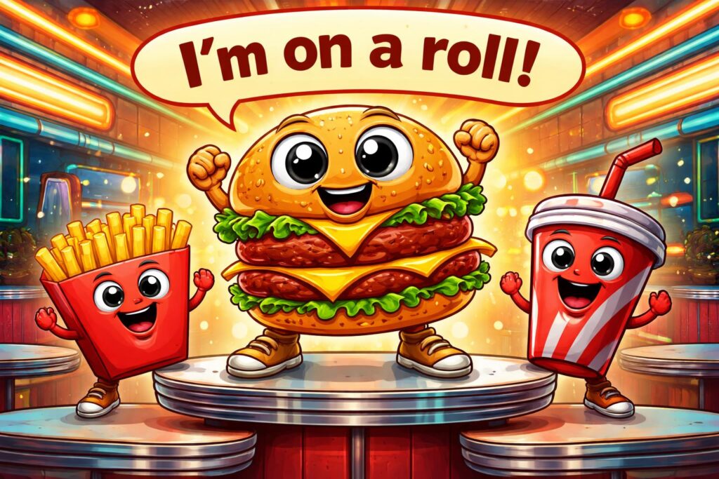 Funny burger puns hero cartoon