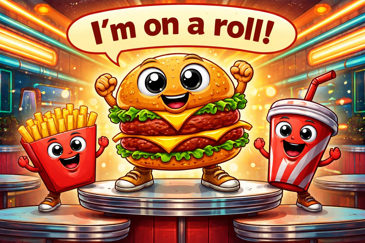 Funny burger puns hero cartoon