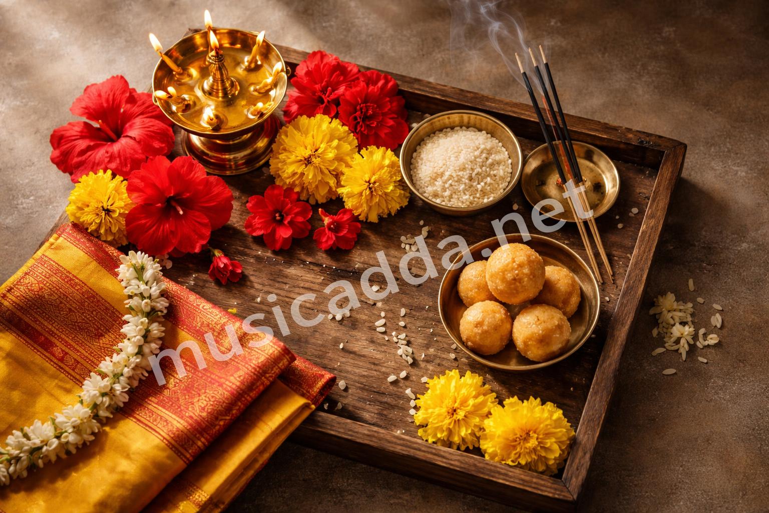 Ganesh aarti lamp and flowers flatlay