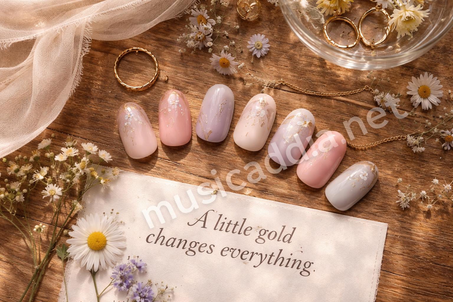 Gold detail pastel floral nails flatlay