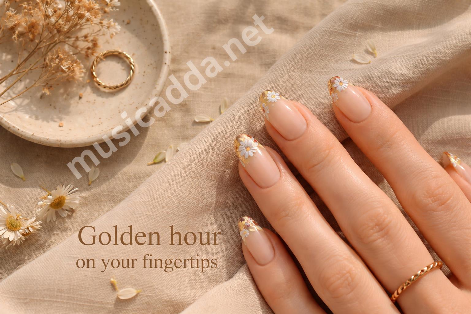 Gold foil french tips with daisy accents