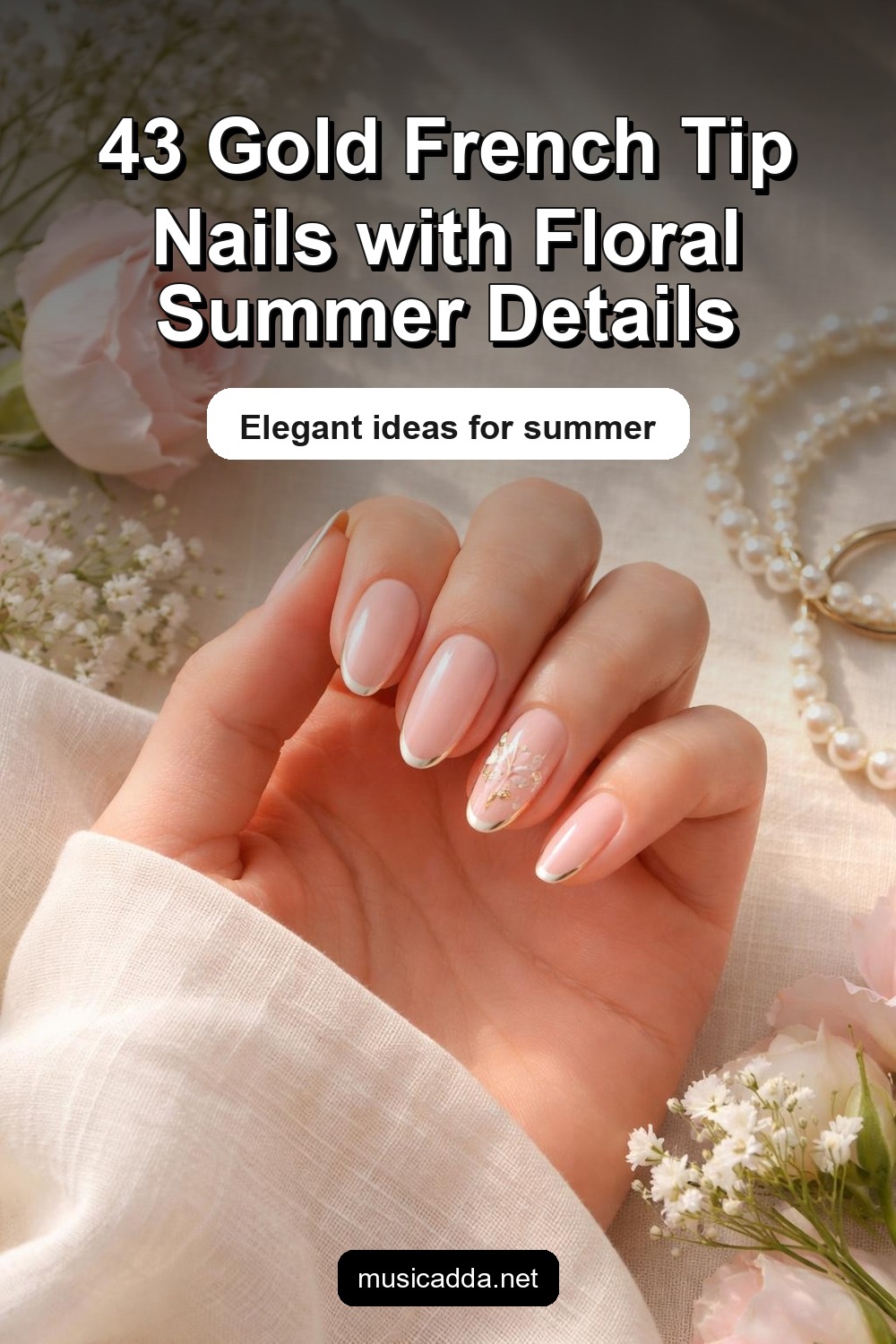 Pinterest image for 43 Gold French Tip Nails With Floral Details for an Elegant Summer Look