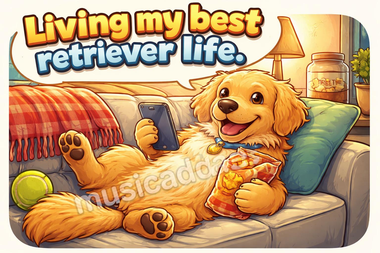 Golden retriever puns social caption cartoon