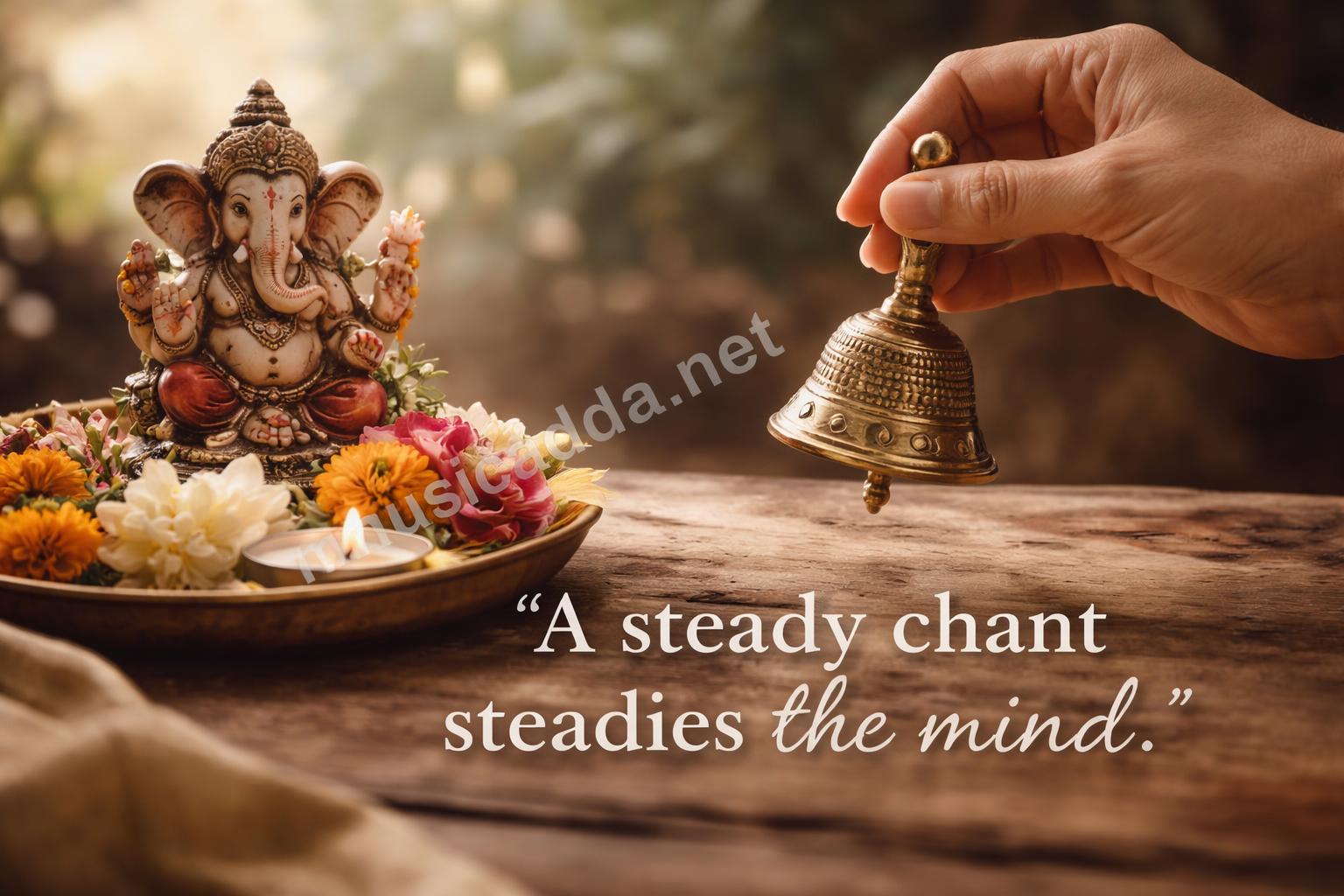 Hand holding prayer bell near ganesh diagram