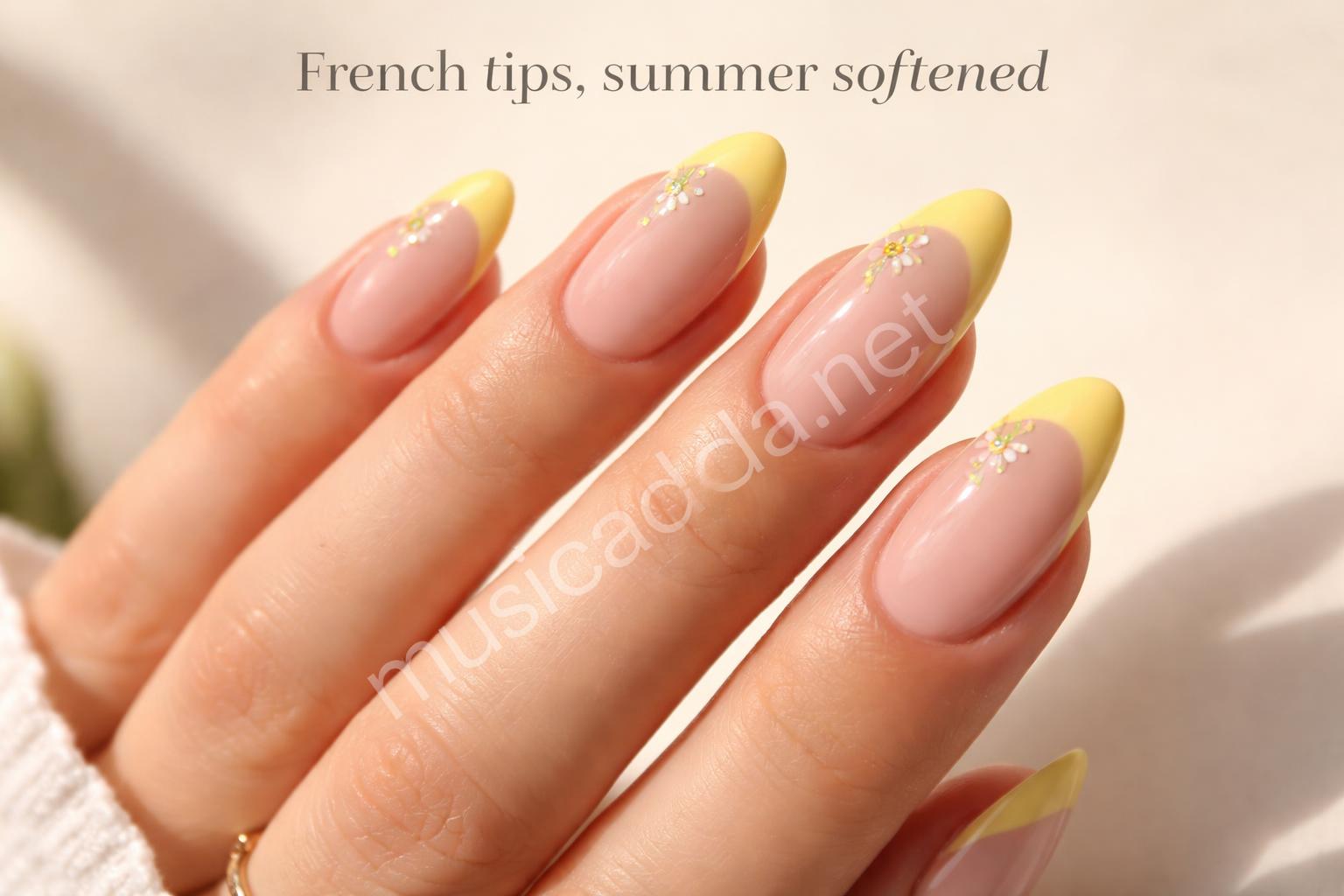Lemon french tip floral summer nails
