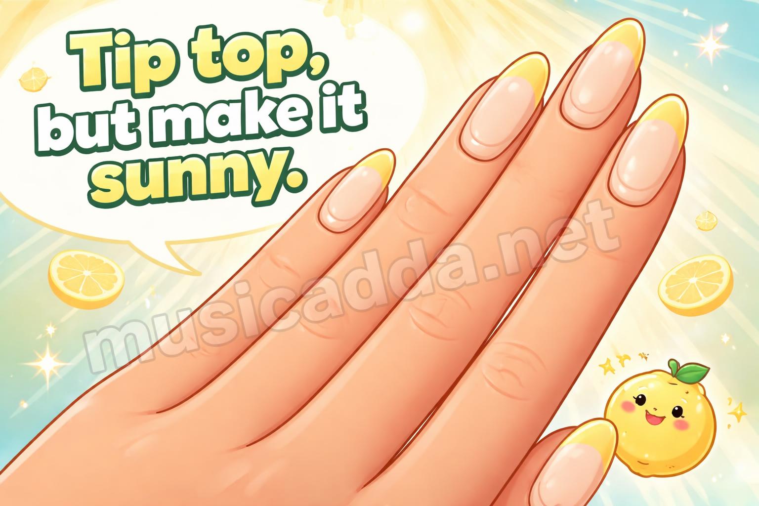 Lemon yellow gold tip nails closeup