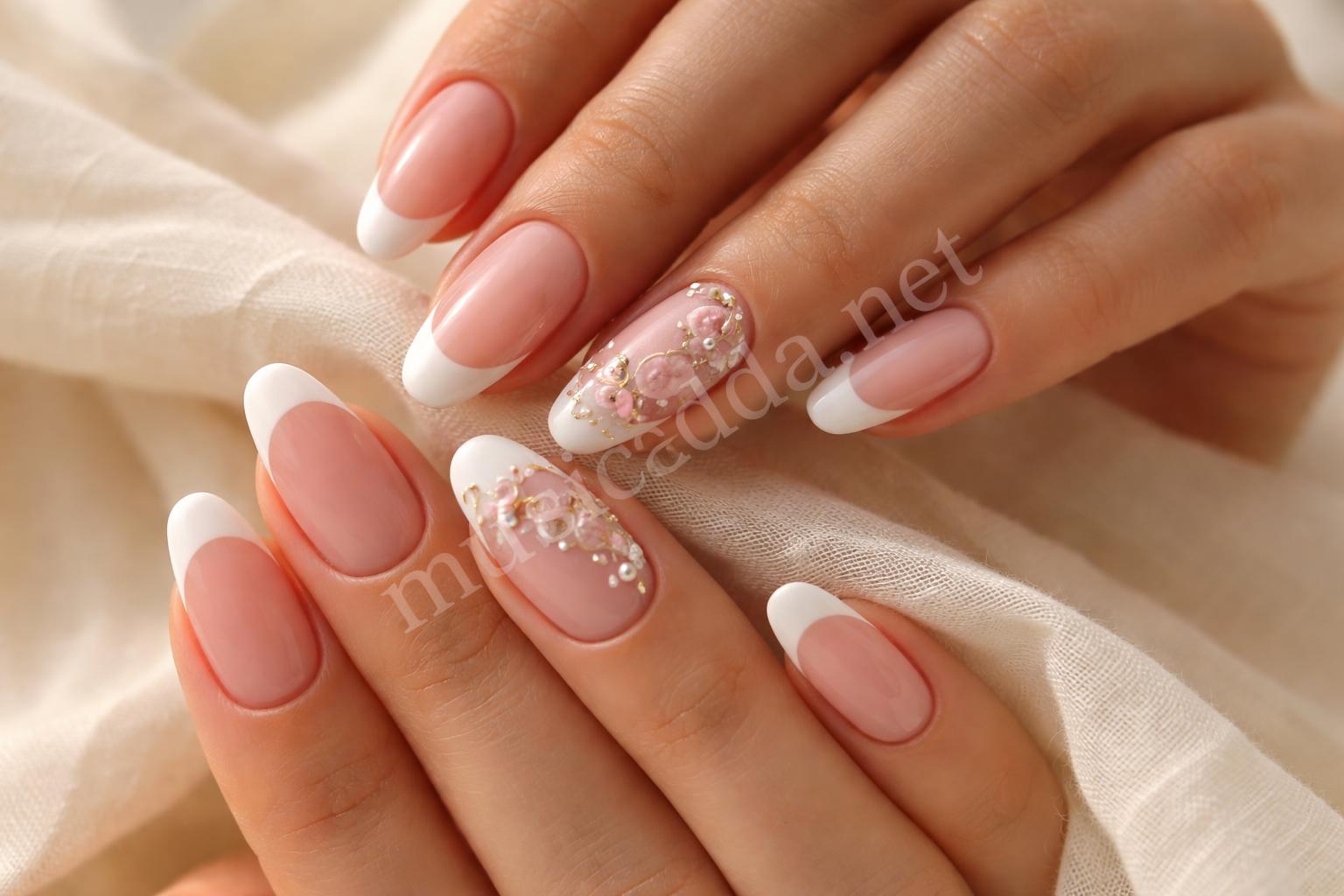Luxury milky french tip floral accent nails