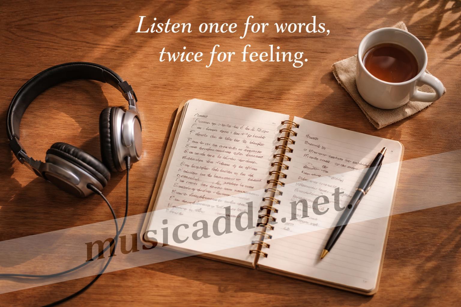 Lyric notebook and headphones emotional listening