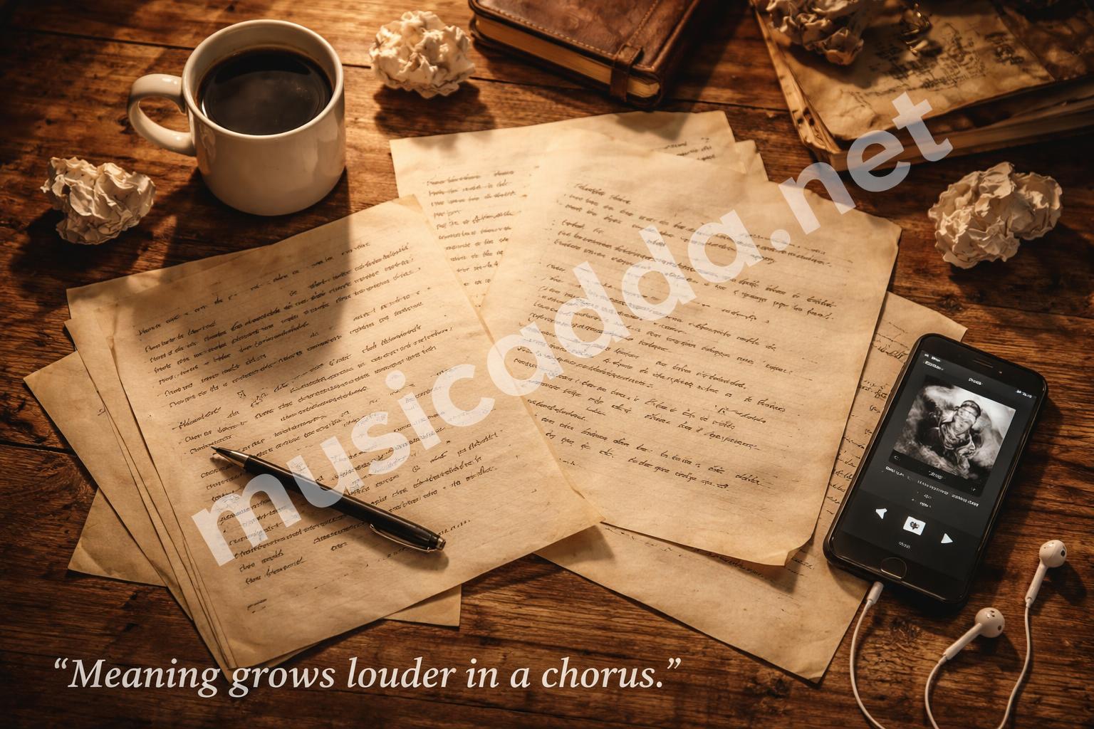 Lyrics and chant notes on a wood table