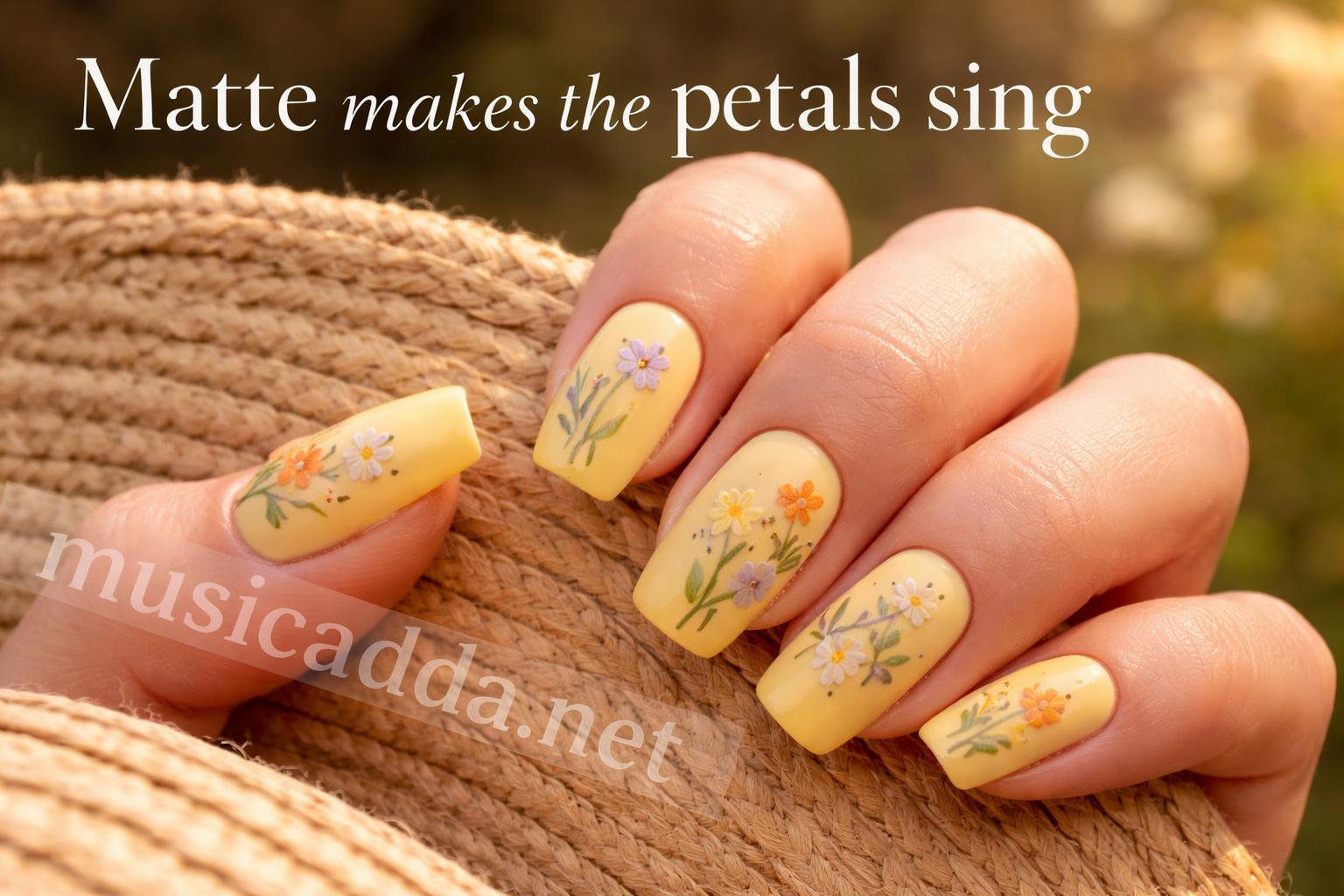 Matte yellow wildflower summer manicure