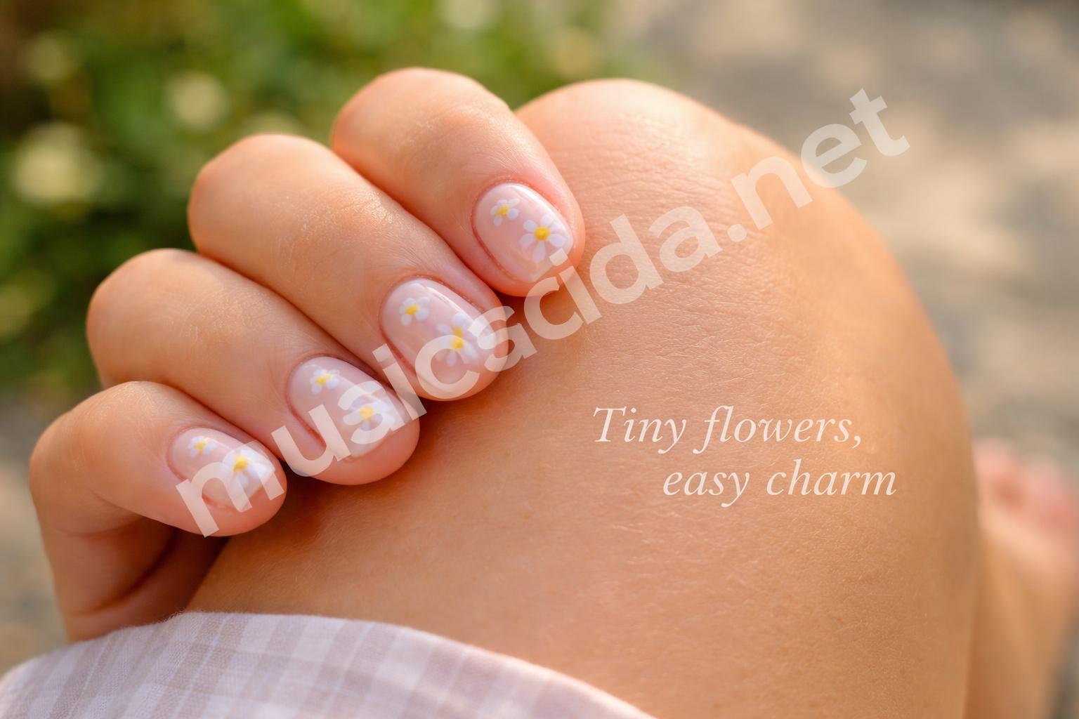 Milky nude daisy summer nails