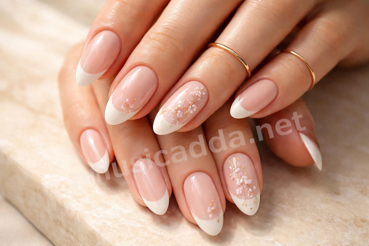 Milky nude nails with gold floral tip art