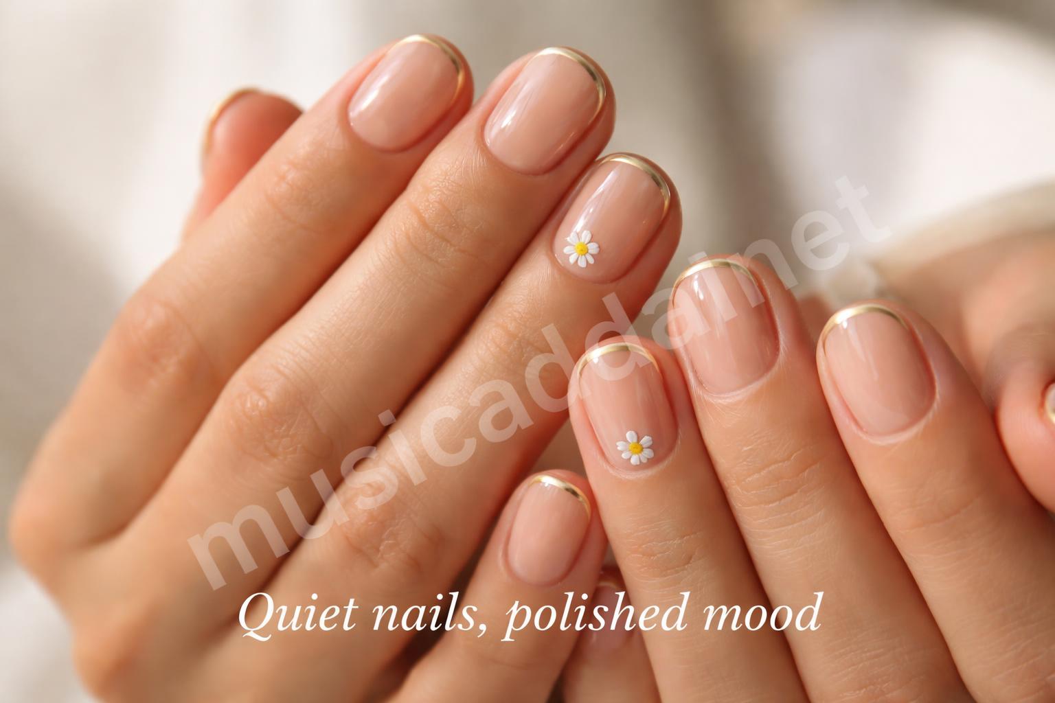 Minimal gold french tip nails with single flower detail