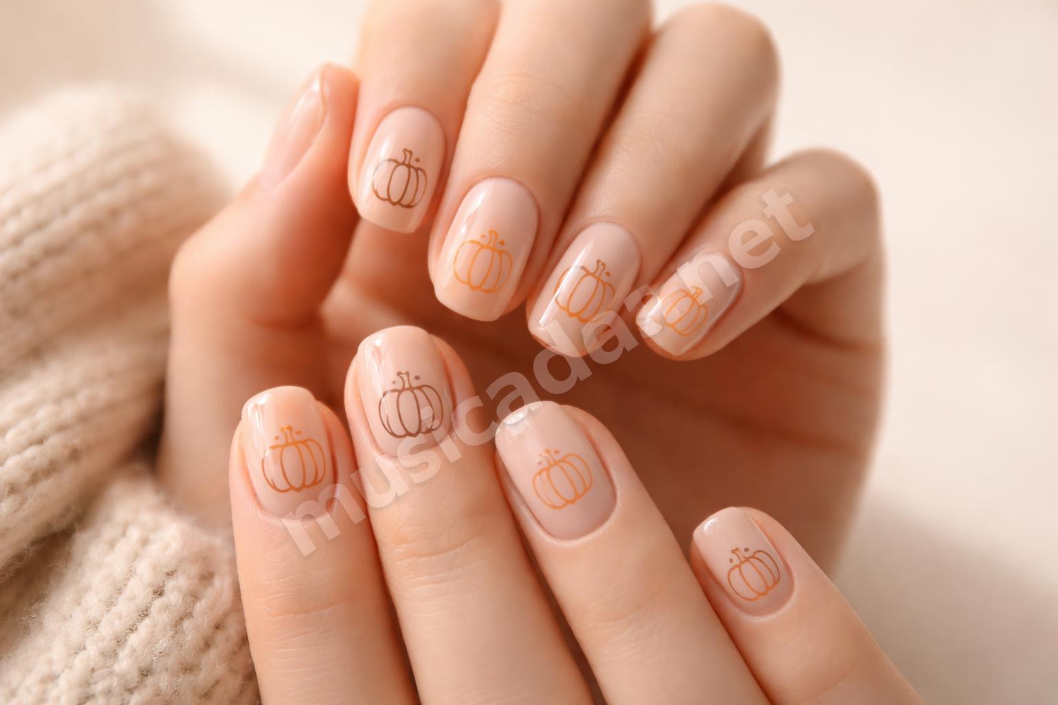 Minimal pumpkin line art nails