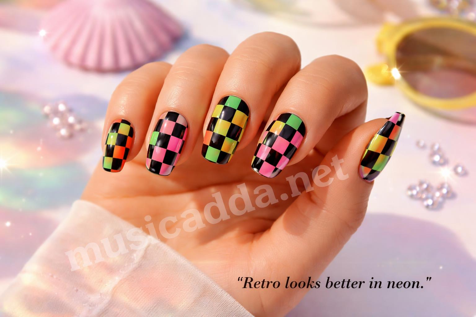 Neon checkerboard nails retro inspired design
