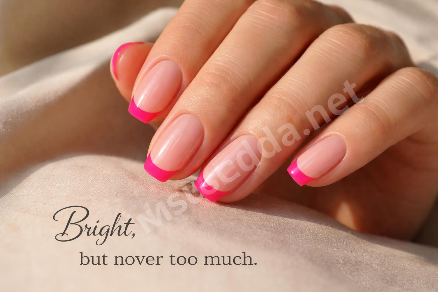 Neon pink french tip nails close up