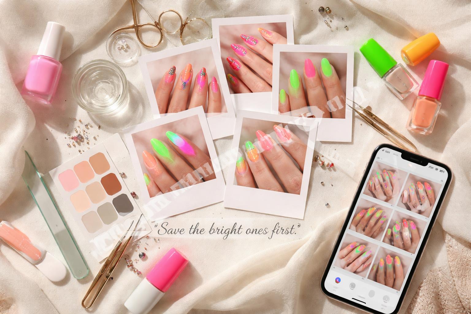 Neon pinterest nail board lifestyle flatlay