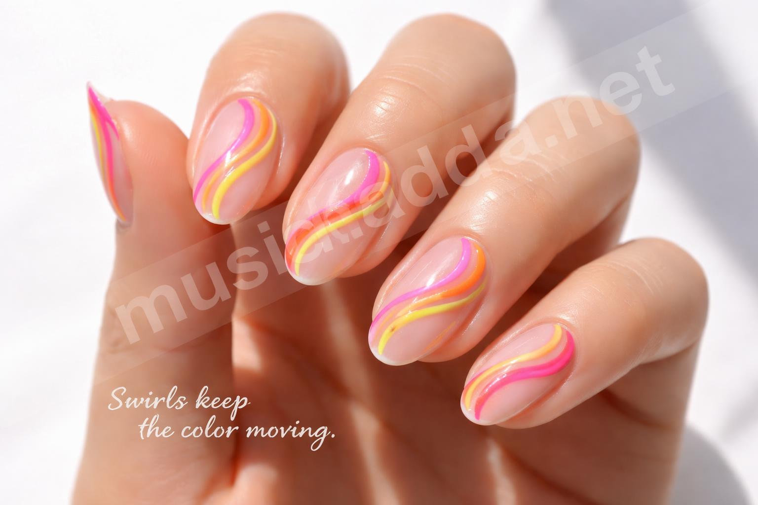 Neon swirl nail art on clear base