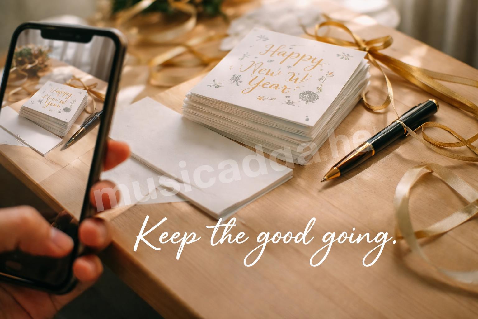 New year cards and phone with short quotes