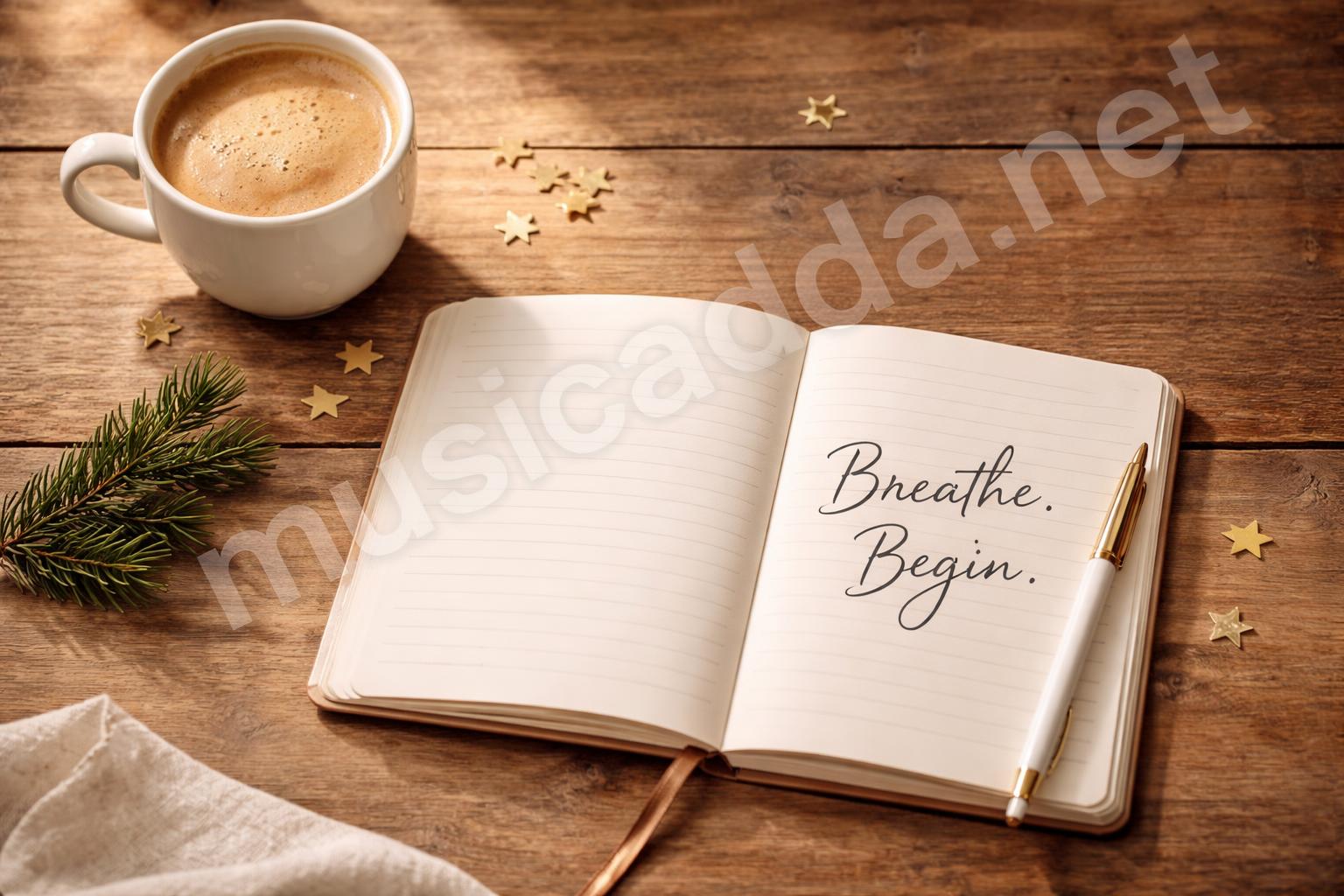 New year journal and coffee flat lay