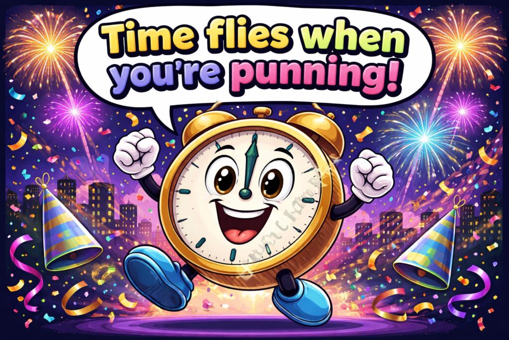 New year puns fireworks clock
