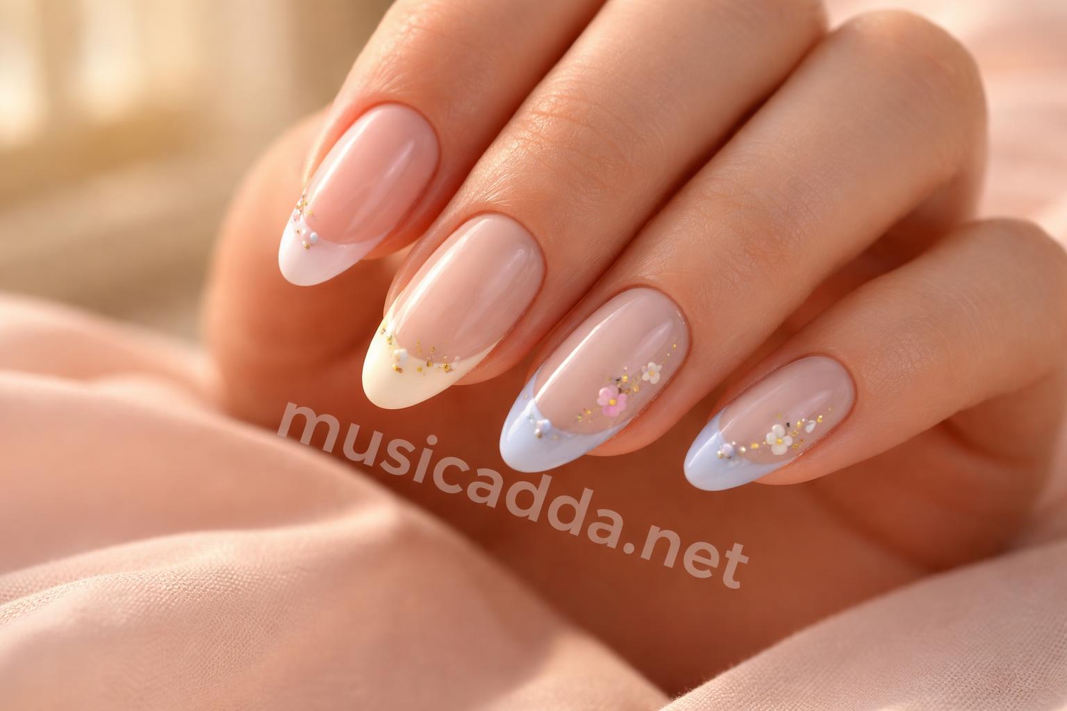 Pastel almond floral french tip nails