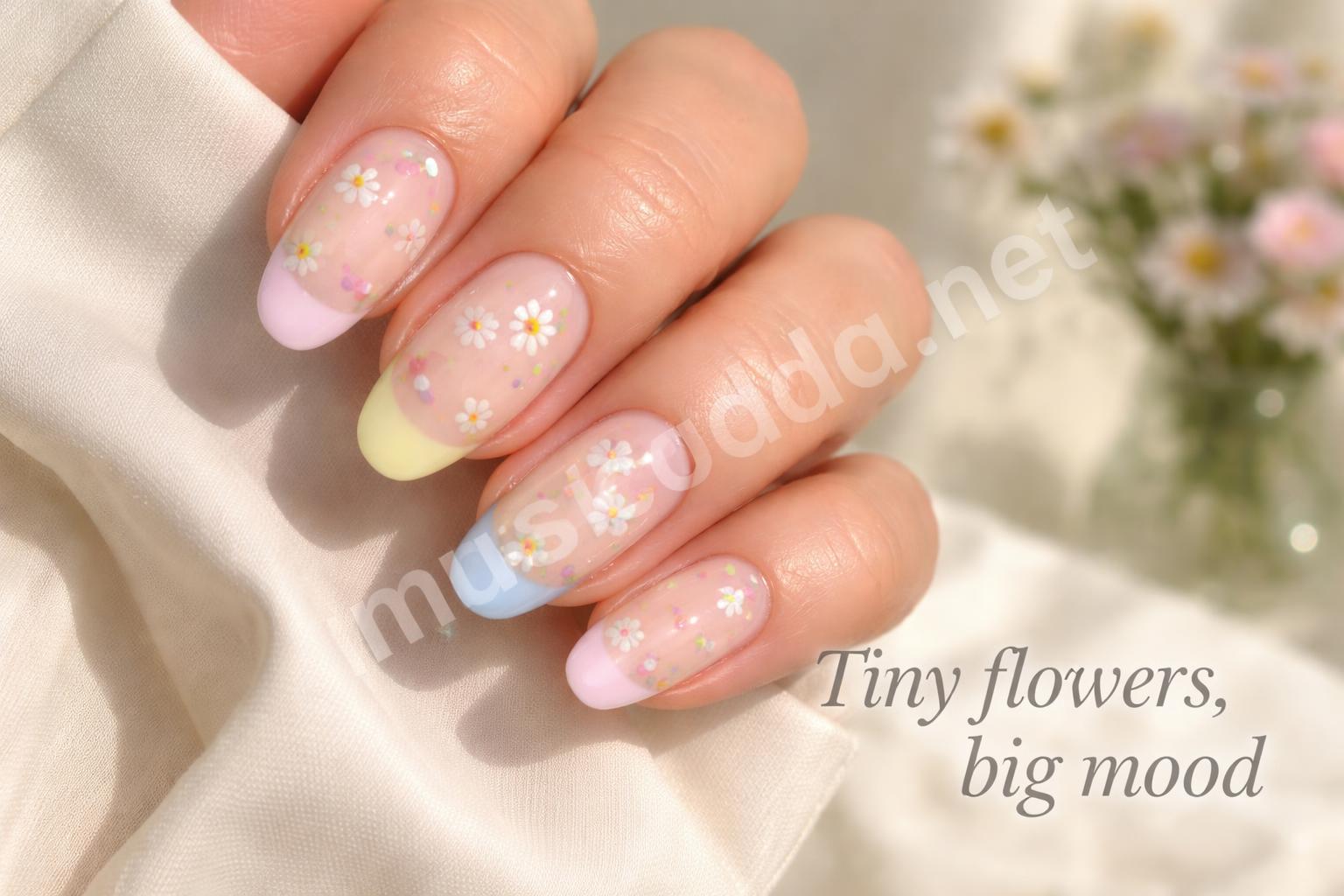 Pastel french tip flower nails closeup