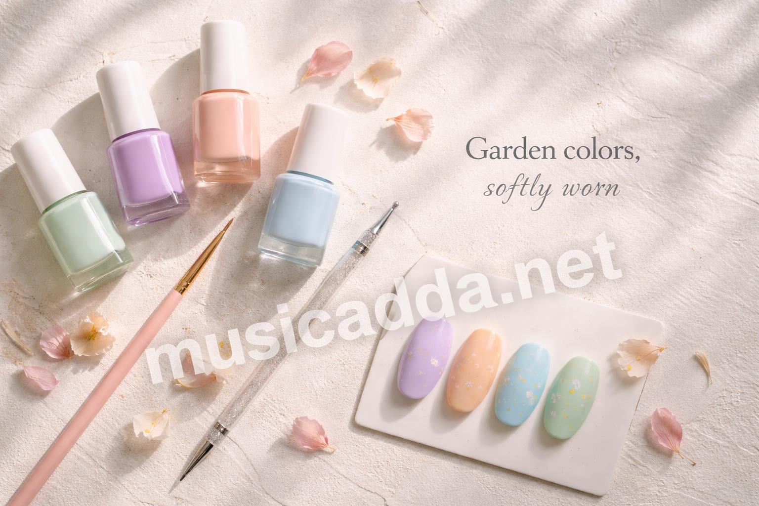 Pastel nail color palette floral flatlay