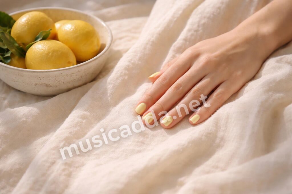 Pastel yellow nails summer hero look