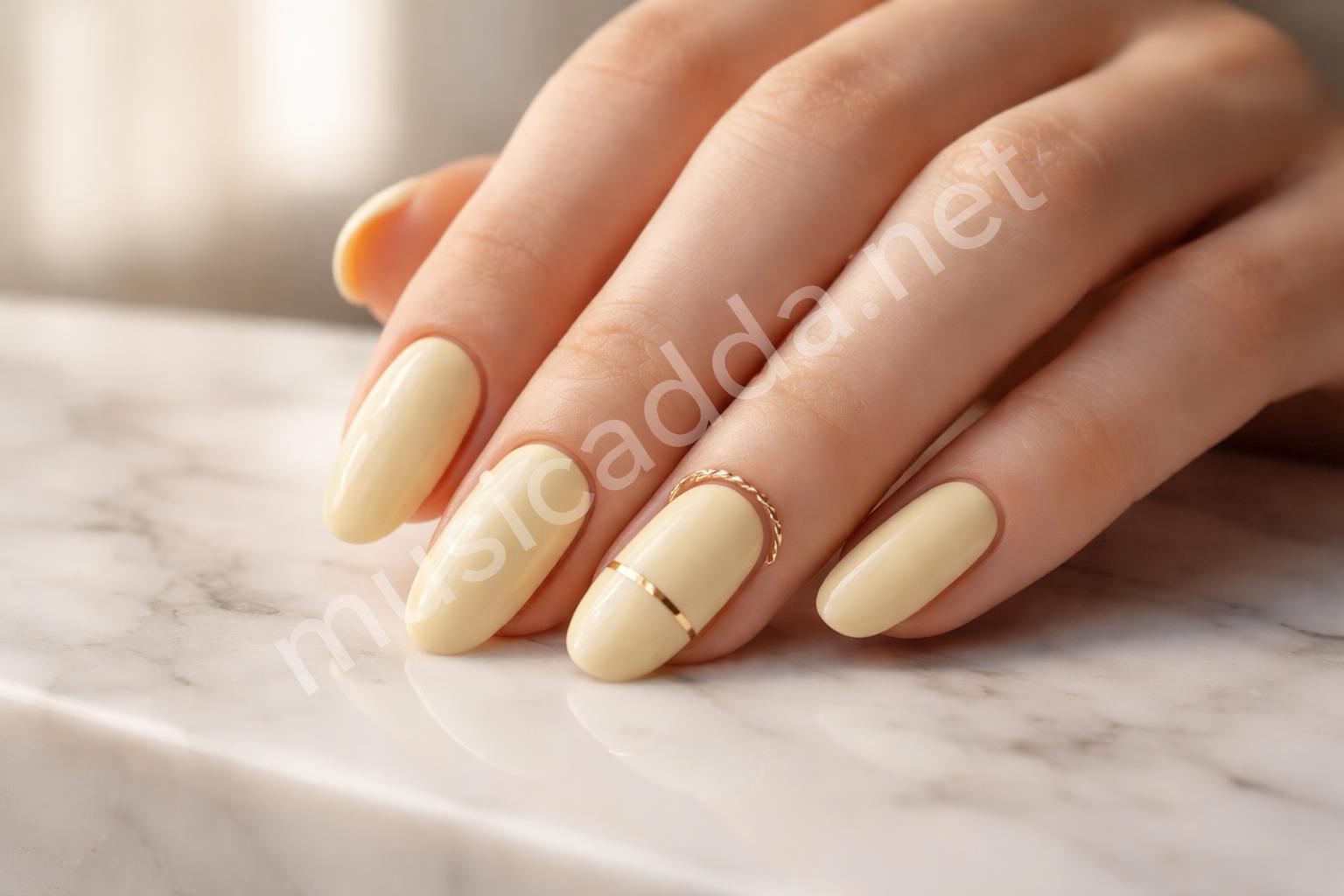 Pastel yellow nails with gold line detail