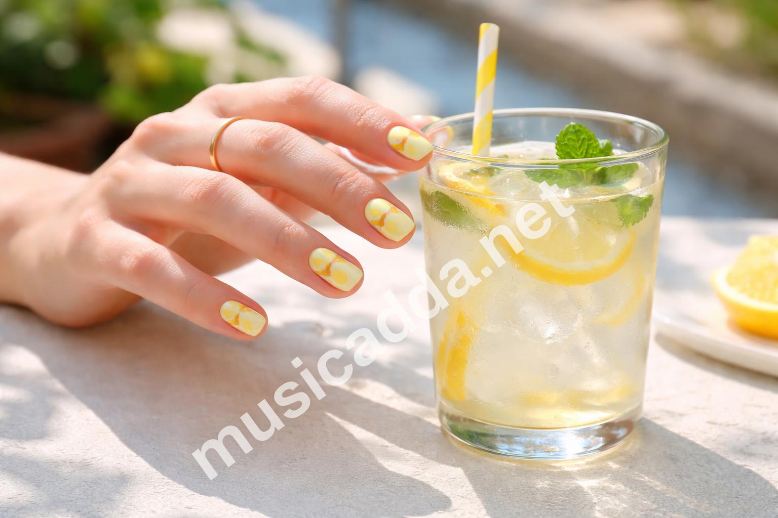 Pastel yellow nails with mini citrus art