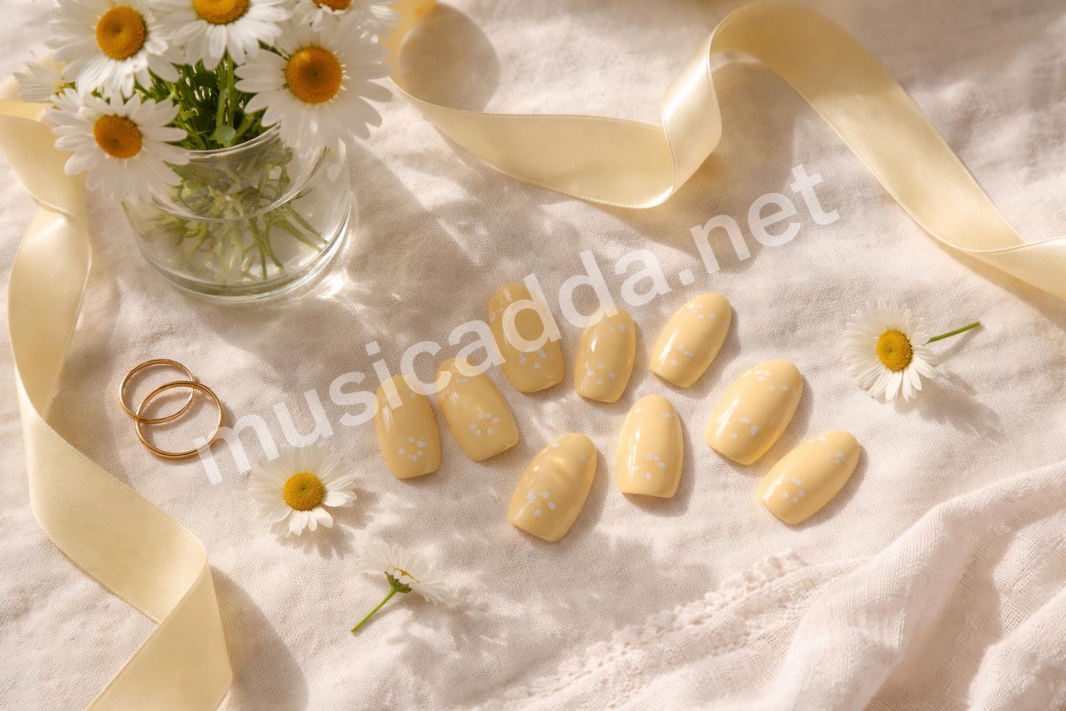 Pastel yellow nails with white daisy art