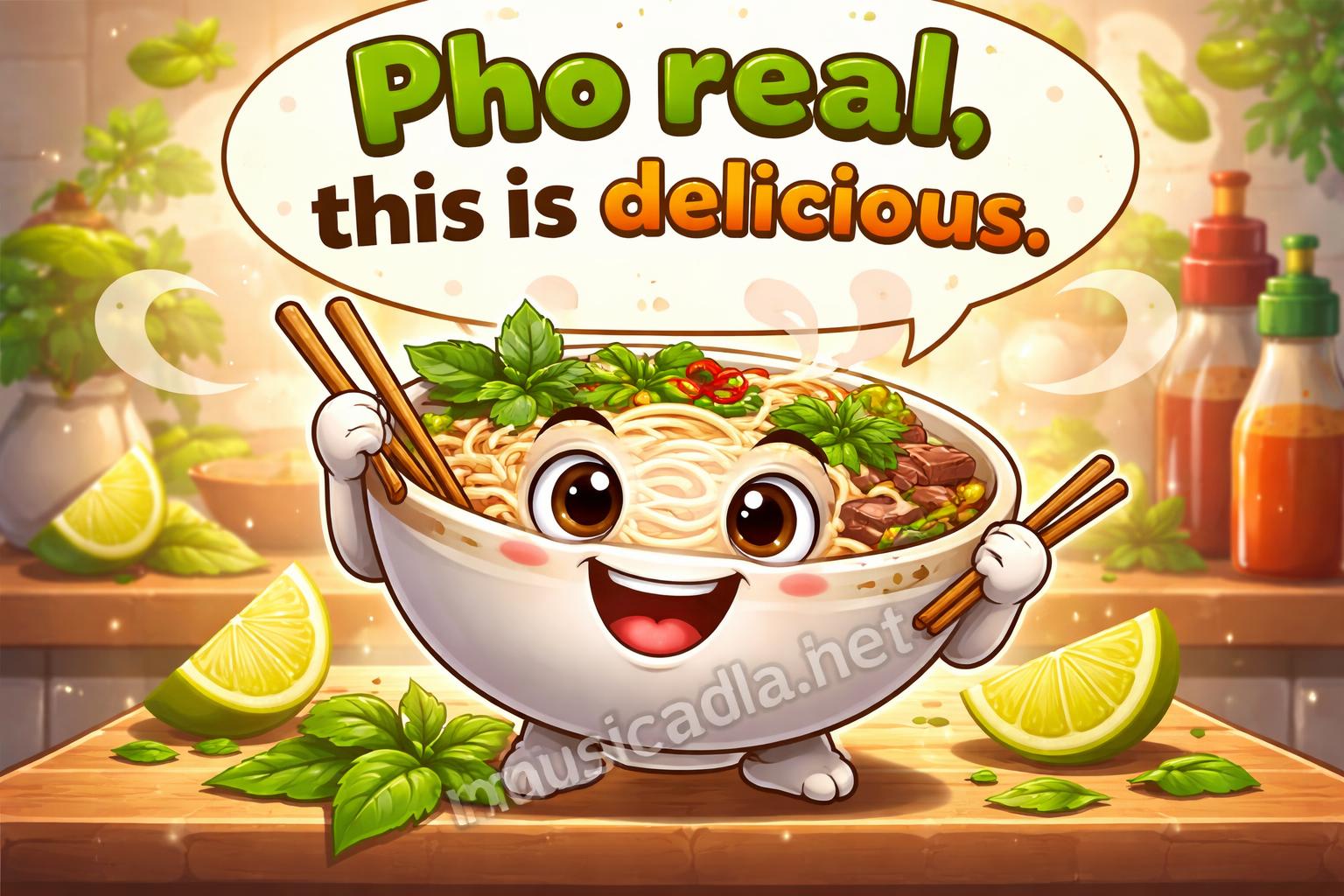Pho puns soup bowl hero cartoon