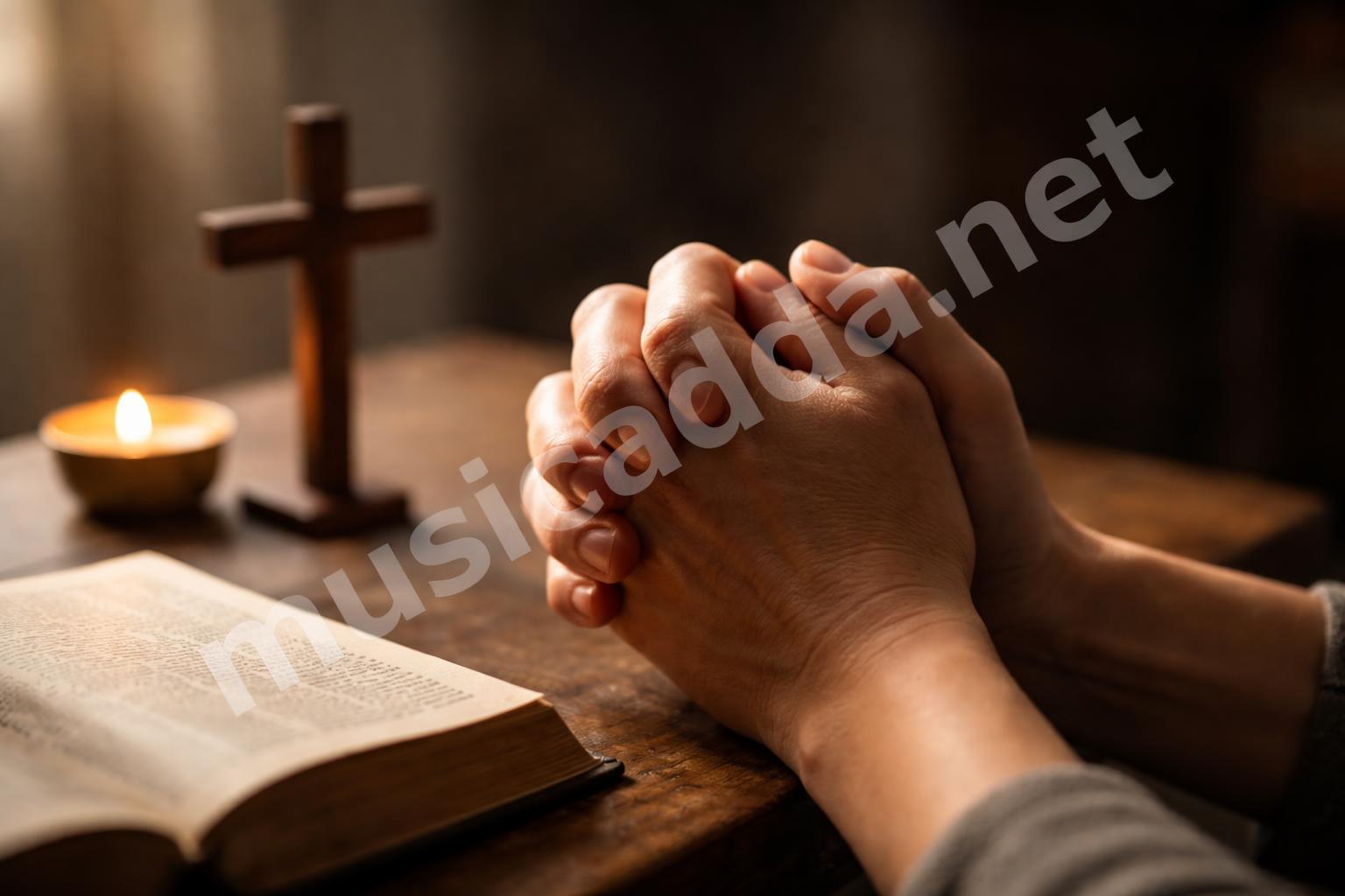 Prayer hands and cross soft light