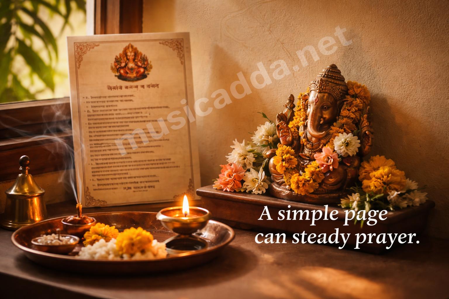 Printed ganesh aarti sheet near puja corner