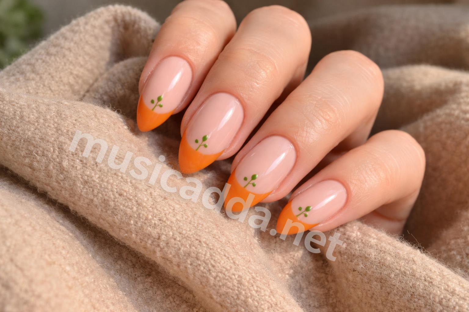 Pumpkin french tip nails closeup