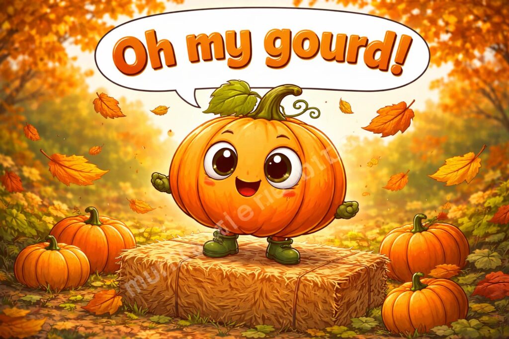 Pumpkin puns fall cartoon hero