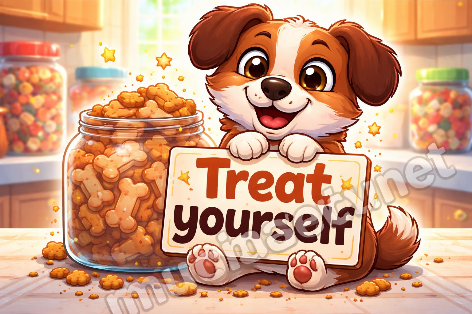 Puppy with treat pun cartoon