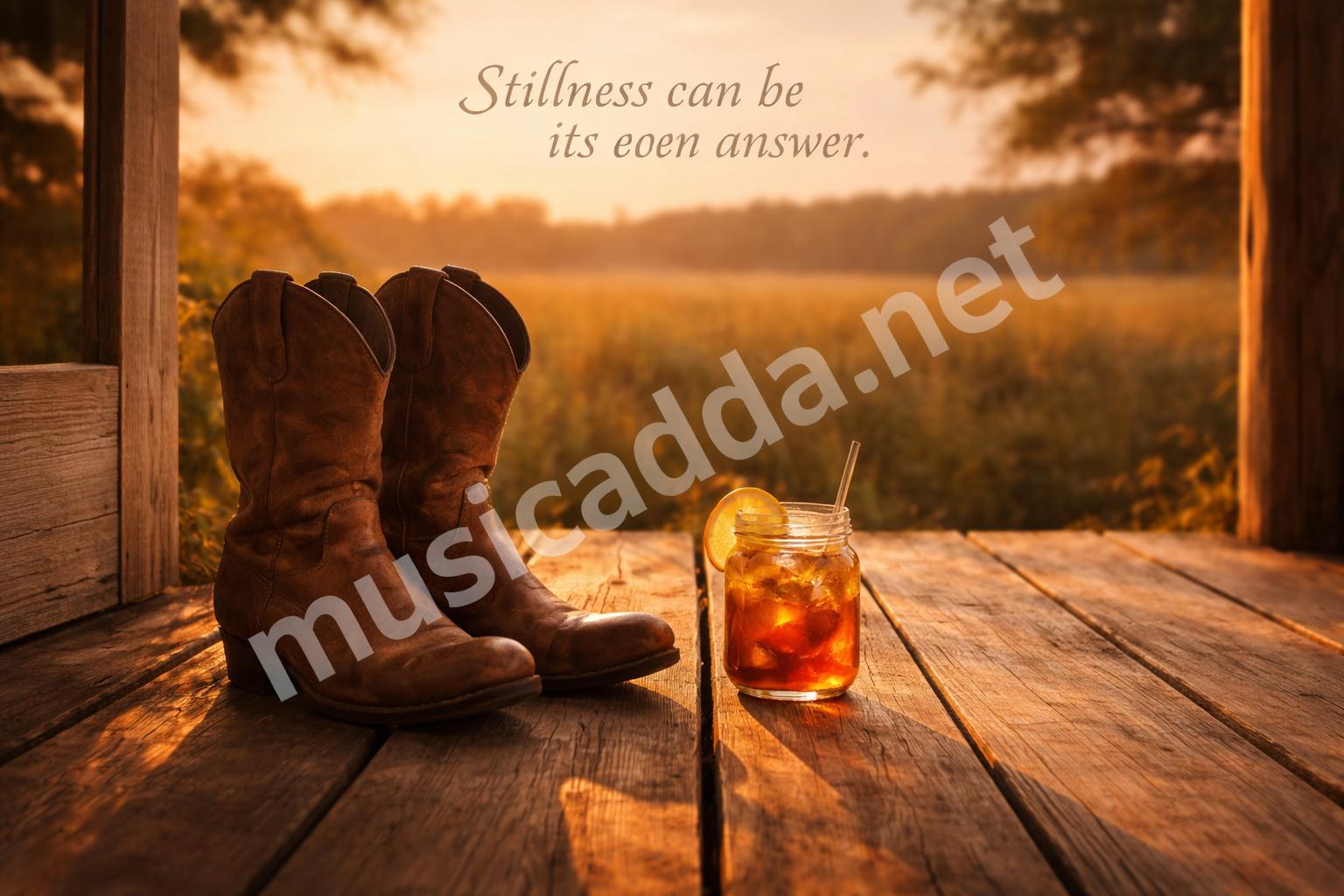 Quiet cowgirl boots on porch at sunset
